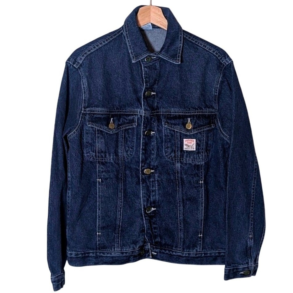 Vintage 80s Pointer Brand Mens Dark Denim Trucker Jacket Indigo Blue Made USA S
